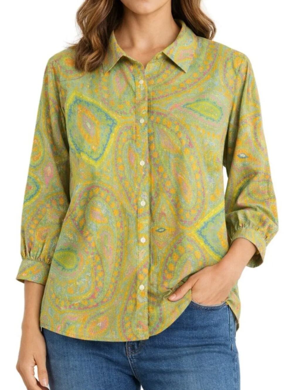 Lauren Ralph Lauren Button Up Shirt 1X Green Paisley Cotton 3/4 Sleeve Resort